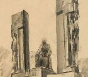Na powiększonym rysunku widać naszkicowana postać Józefa Piłsudskiego, a po bokach dwie kolumny, których sklepienia podtrzymują dwie gracje lub atlanty.