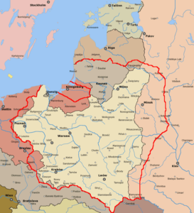 Na rysunku kolorem czerwonym zaznaczono mapę Polski, którą na konferencji paryskiej przedstawił Roman Dmowski (tzw linia Dmowskiego). Na żółto zaznaczono terytoria później przypisane Polsce.